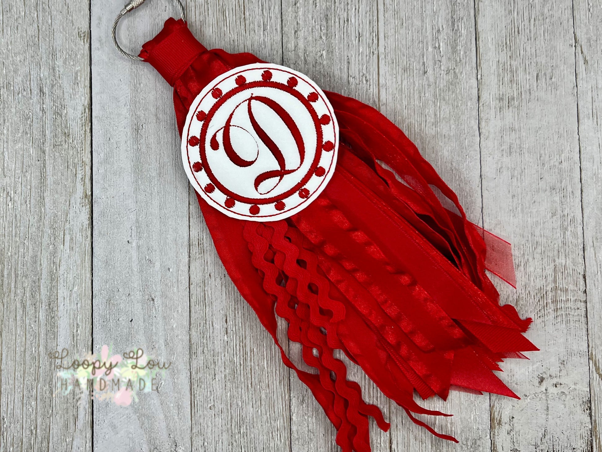 Red and White Monogram Ribbon Tassel Keychain, Bogg Bag Accessory